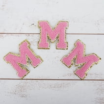 3 Pack Chenille Iron On Glitter Varsity Letter "M" Patches - Pink Chenille Fabric With Gold Glitter Trim - Sew or Iron on - 8 cm Tall