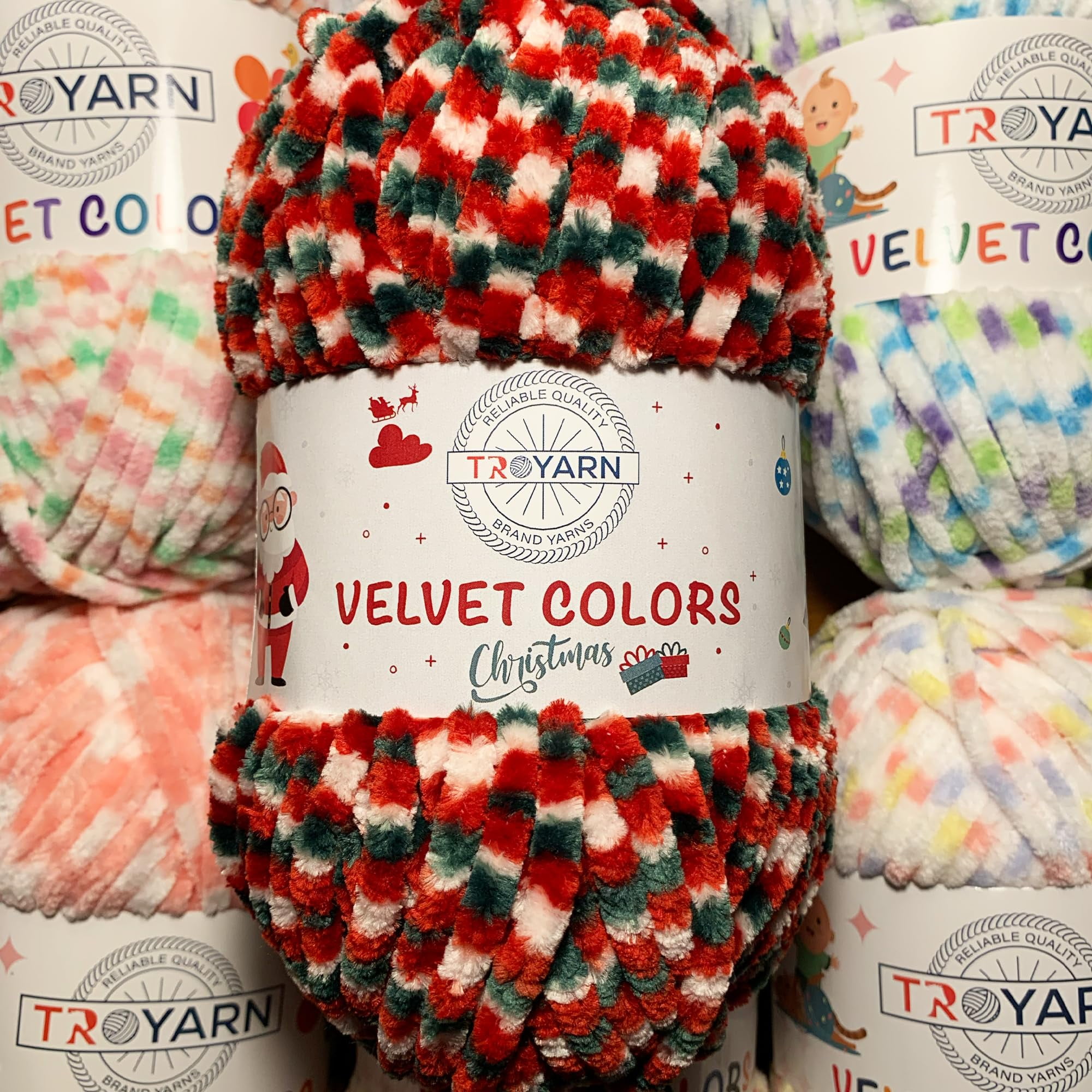 Troyarn Velvet Colors (3- Skeins Pack) Chenille Baby Blanket Yarn Amigurumi Yarn for Crocheting and Knitting Super Bulky 3x100 gr (3x131 yds) (10250 - Christmas, 3 Skein)
