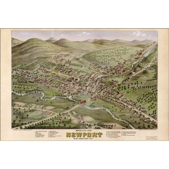 20x30 Poster; Birdseye View Map Of Newport, New Hampshire, 1877