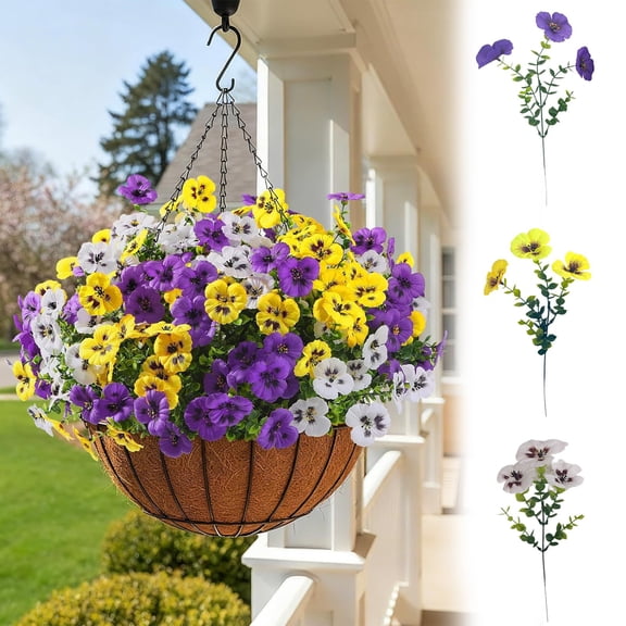 AURIGATE Artificial Pansy Flower Stem, Plastic Fake Viola Tricolor Flower, Faux Floral Pick for Vase Arrangement Wedding Home Kitchen Table Centerpiece Decor