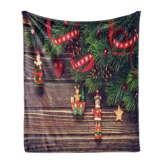 Christmas Soft Flannel Fleece Blanket, Rustic Wooden Backdrop December Old Christmas Noel Time Theme Ribbon Print, Cozy Plush for Indoor and Outdoor Use, 50" x 60", Green and Brown, by Ambesonne