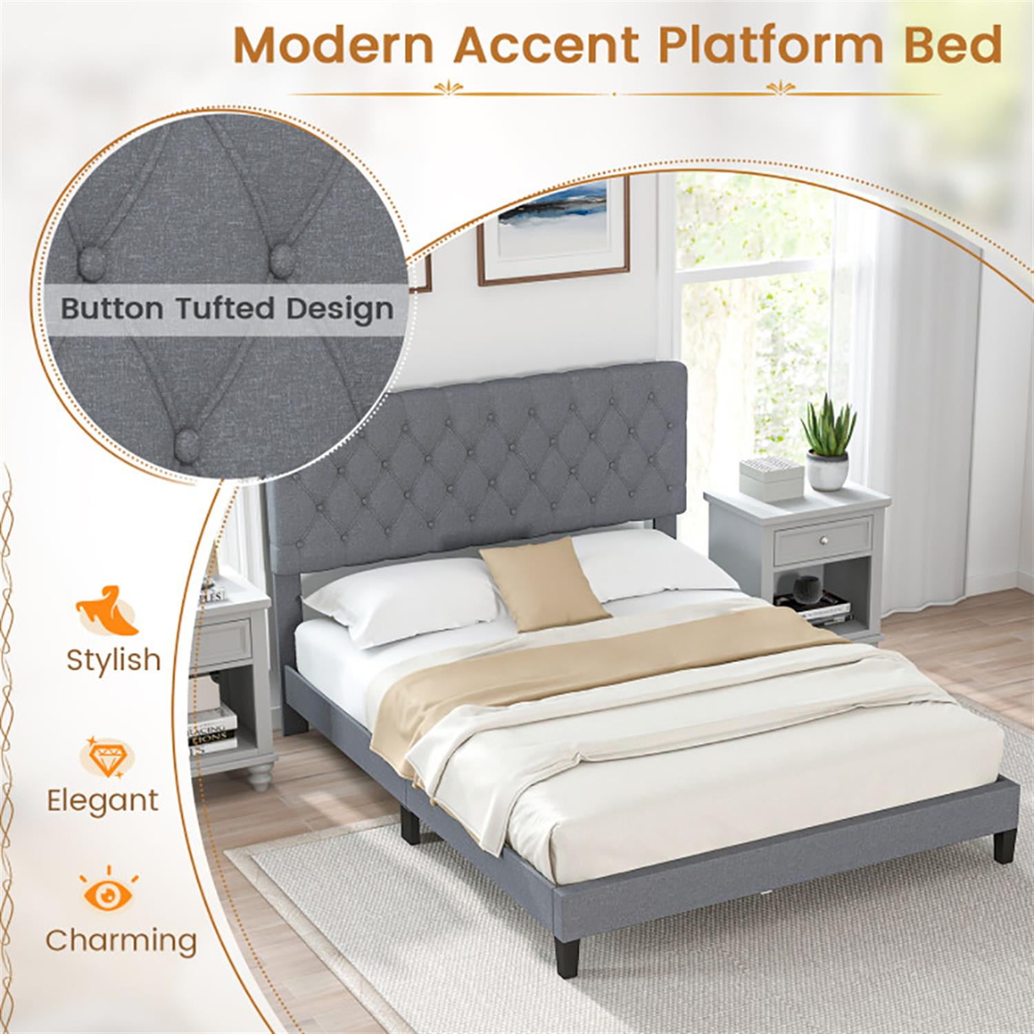 Demi Bonn Queen Size Upholstered Platform Bed Frame with Button Tufted Headboard and Wooden Slats Support, Fully Upholstered Mattress Foundation, Gray