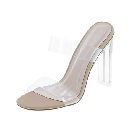 

Static Footwear Women s Clear Open Toe Chunky Heels Mules High Heels Slip on Slide Sandals Clear/Nude NB 6.5