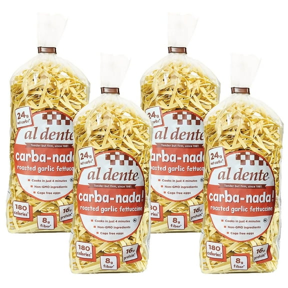 AL DENTE Carba-Nada Roasted Garlic Fettuccine, Lower-Carb Pasta, 16g High Protein, Cage Free Eggs, Non-GMO, 10 Ounce Bags (Pack of 4)