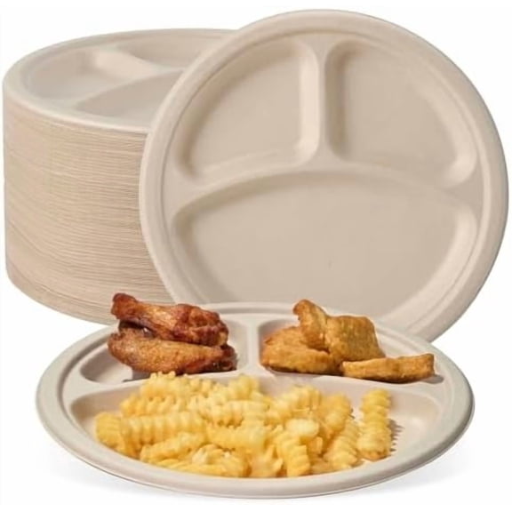 125 Pack Compostable 3 Compartment Plates, 8.85 inch Heavy-Duty Disposable Paper Plates, Eco-Friendly Biodegradable Sugarcane Bagasse Divided Plate for Dinner