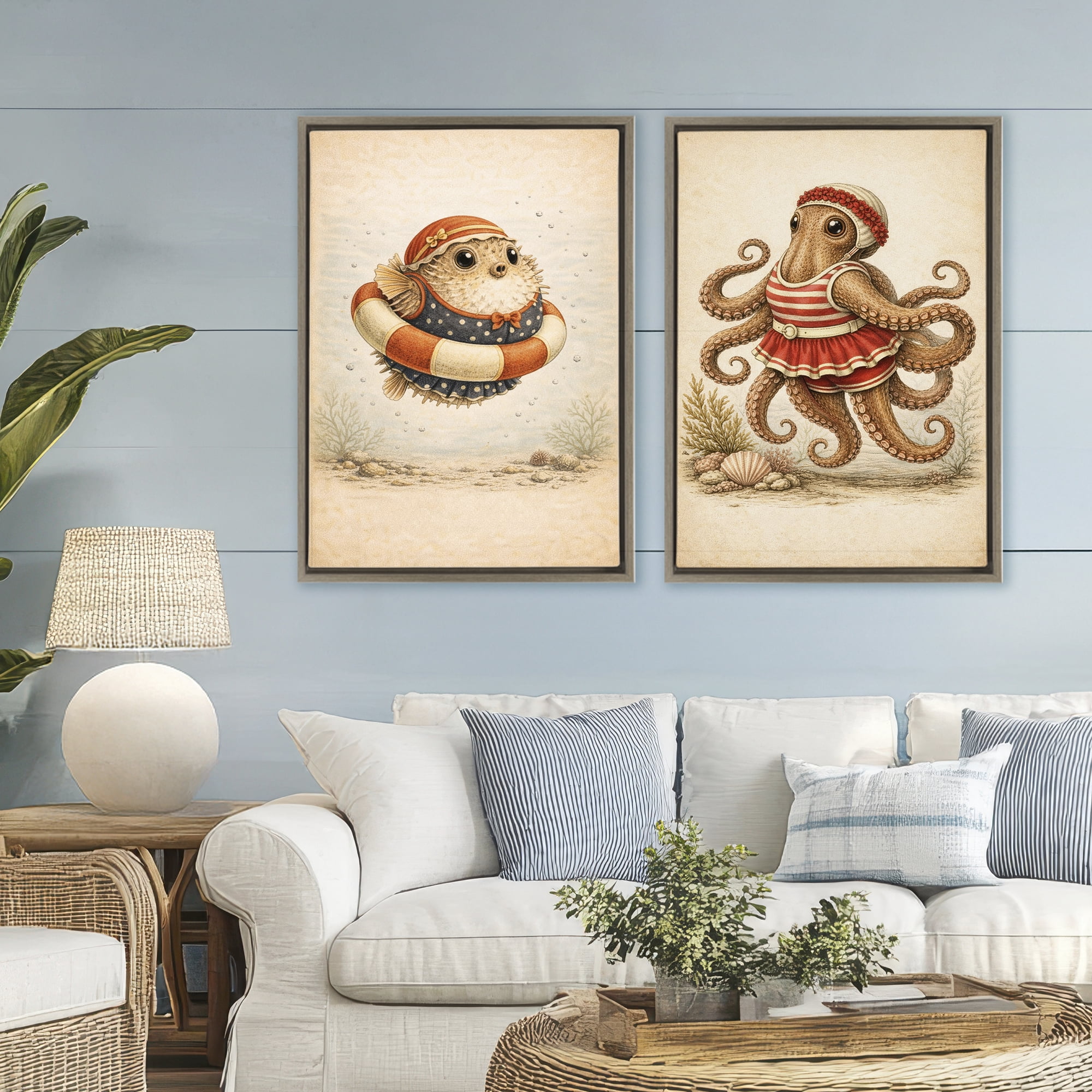 Stupell Industries Vintage Maritime Bathing Creatures 2 Piece Brown Framed Floater Canvas Set, design by Grotto Studios