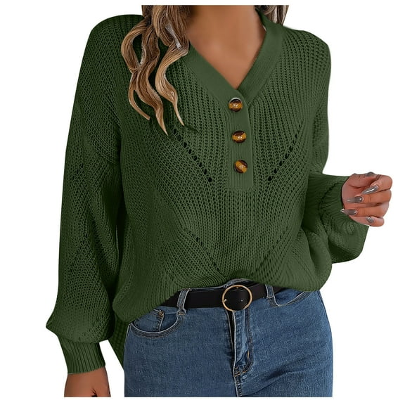 JGGSPWM Solid Sweaters for Womens Classic Tops Fall Jumper Button Up Hollow Knit Sweater V Neck Long Sleeve Pullover Green M