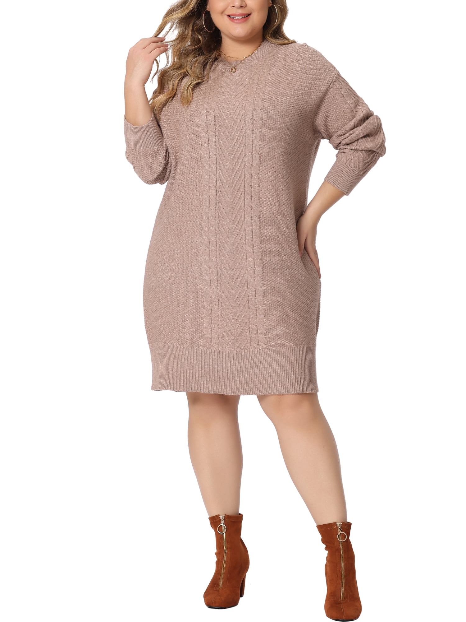 Unique Bargains Women's Plus Size Long Sleeve Knit Pullover Short Sweater  Dresses 3X Khaki - Walmart.com
