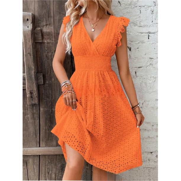 Vestido elegante con mangas de hoja de loto y escote en V.