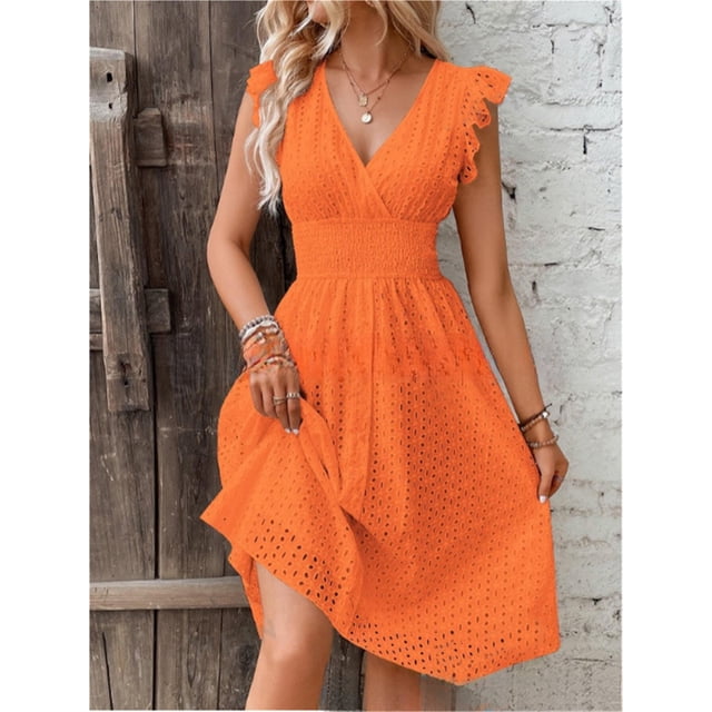 Vestido elegante con mangas de hoja de loto y escote en V.