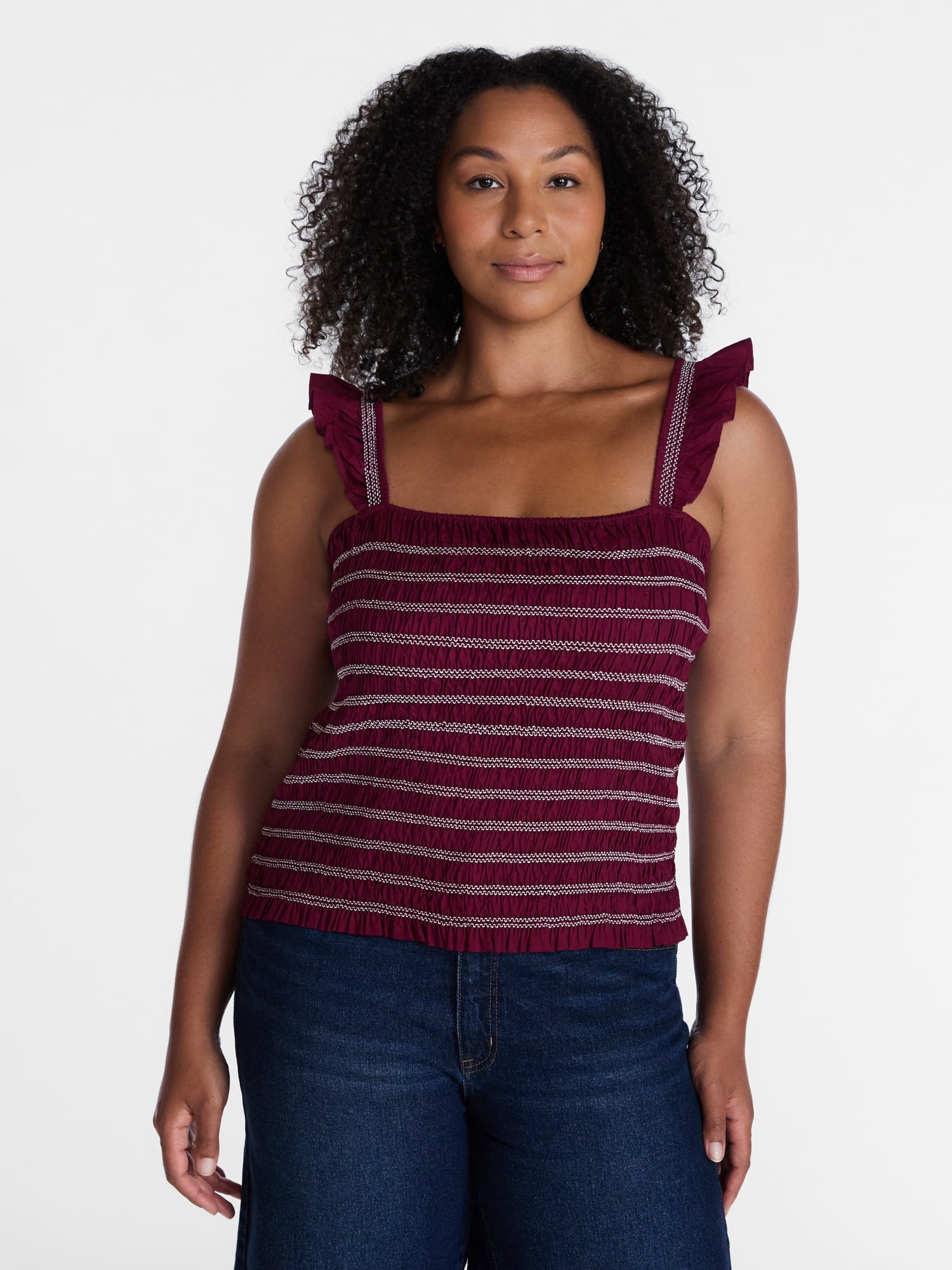 Time and Tru Women's Smocked Cotton Tank Top with Ruffle Straps, Sizes XS-XXXL