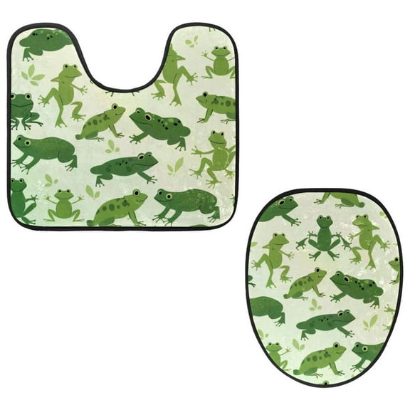 PhooArto Toilet Lid Cover and U-Shaped Toilet Floor Mat Set of 2 Pieces, Green Animal Froggy Pattern Toilet Mat Set, Machine Washable Seat Covers Non-Slip Absorbent Rugs