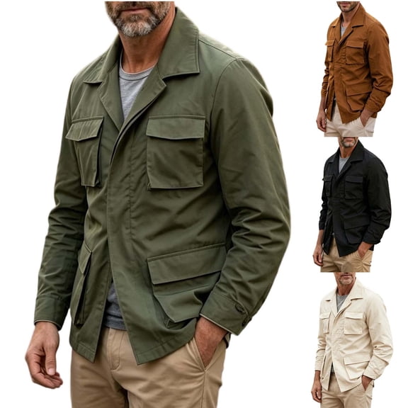 FRSASU Men's Lightweight Outdoor Hiking Cargo Jackets Stand Collar Outwear Button Down Motorcycle Coat with Multiple Pockets White
