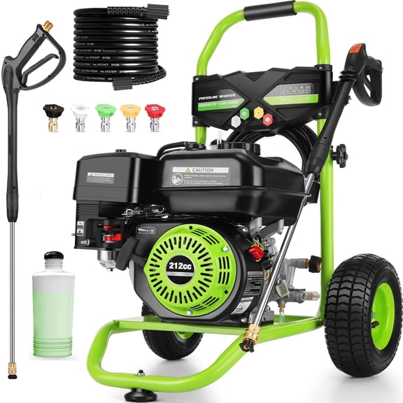 Professional 4200PSI 4GPM 212CC Gas Pressure Washer, 9" Wheels 25FT Hose 1000ML Foam Bottle 5 Nozzles 3600RPM 7.0HP Commercial/Household Gas Power Washer for Cleaning (EPA/CARB/ETL Compliant), Green