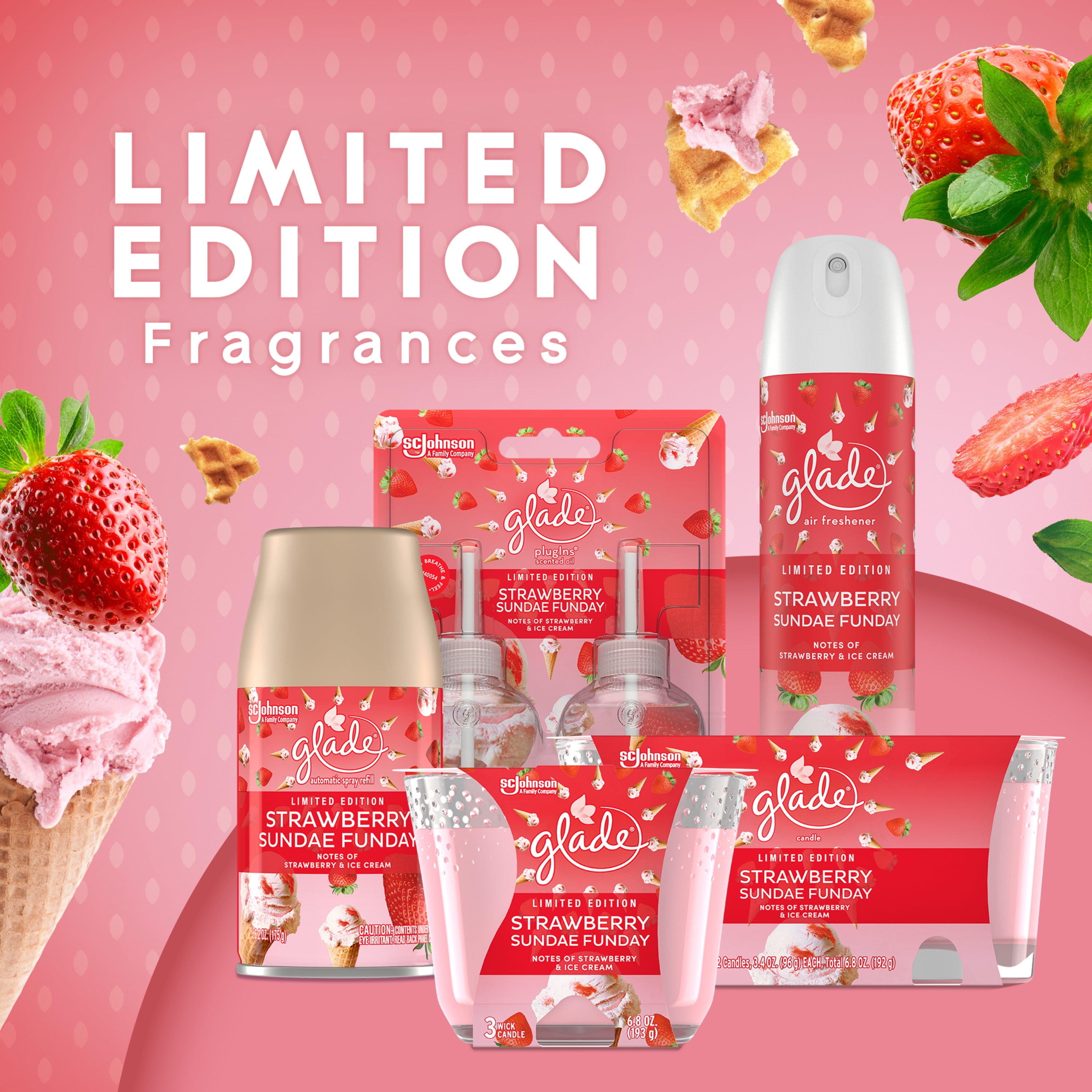 (2 pack) Glade Automatic Spray Refill, Automatic Air Freshener, Strawberry Sundae Funday Scent, Infused with Essential Oils, Spring Limited Edition Fragrance, Positive Vibes Collection, 6.2 Oz