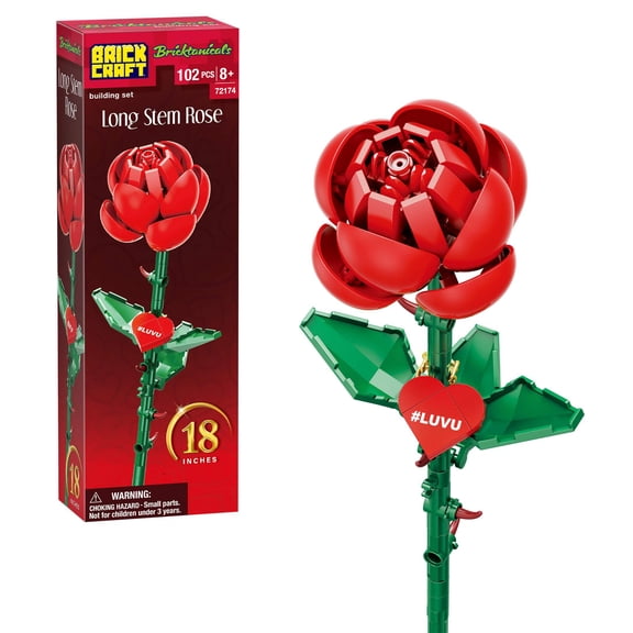 Brickcraft Red Long Stem Rose Brick Building Kit (102-Piece Set), Seasonal Gift For His & Hers, Customizable Heart Pendant With Chain, Romantic Gift For Couples, Artificial Flower Craft