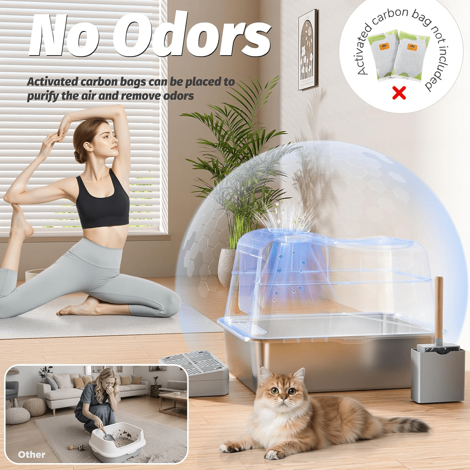 Stainless Steel Cat Litter Box with 110° Flip-Top Lid -XXL Top Entry Enclosed Litter Box for Large Cats with Deodorization Box, Odor-Free, Non-Sticky, Anti-Leak, Removable Lid for Easy Cleaning