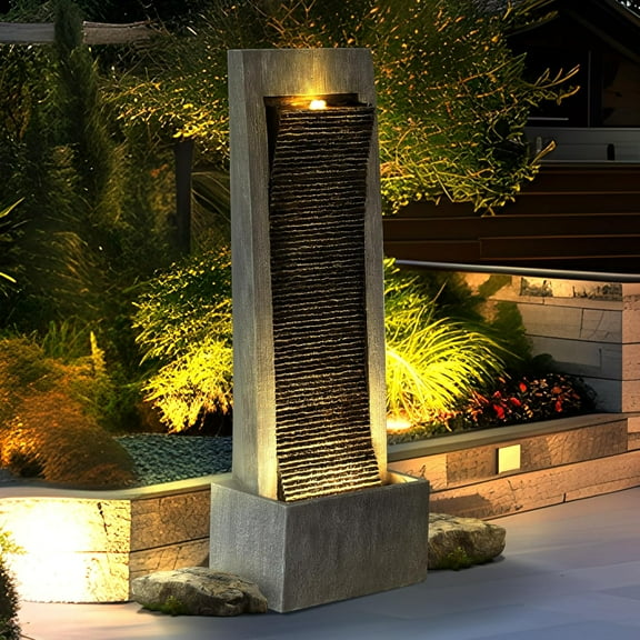 MAGIC UNION Water Fountain Outdoor Garden - Indoor Modern Water Fountain Freestanding Fountains, 49.6" H Contemporary Curves Garden Fountain with LED Lights, Pump and Natural Stones for Garden, Patio
