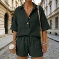 thumbnail image 6 of Women 2 Piece Linen Short Sets 2026 Summer Vacation V Neck Short Sleeve Beach Outfits Oversized Button Casual Suits Dark Green M, 6 of 7
