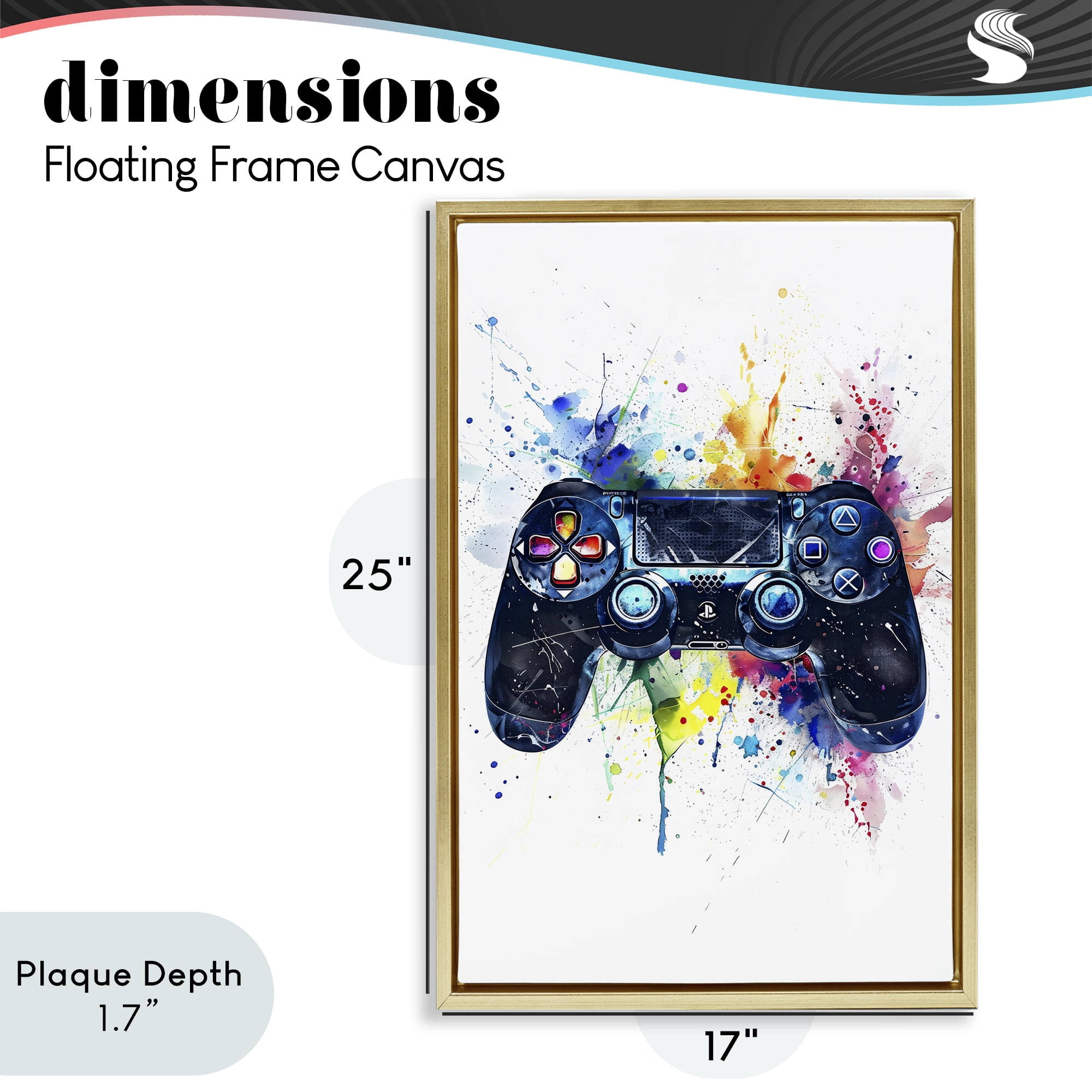 Stupell Industries Colorful Gaming Controller Splatter Gold Framed Floater Canvas Wall Art, design by Creative Studio