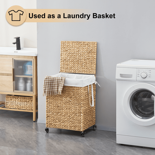 100L 2-Section Laundry Hamper with Lid and Wheels, Woven Natural Water Hyacinth Rolling Laundry Hamper