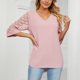 thumbnail image 5 of Blusa de retales de encaje con cuello en V y media manga para mujer, holgada y transpirable para primavera y verano, 5 of 8