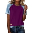 thumbnail image 2 of Resicozy Denim Patchwork Women's Short Sleeve T-Shirt Summer Loose Crewneck Pullovers Casual Tee Tops Denim Trim Shirts 2026 Dark Purple XL, 2 of 6