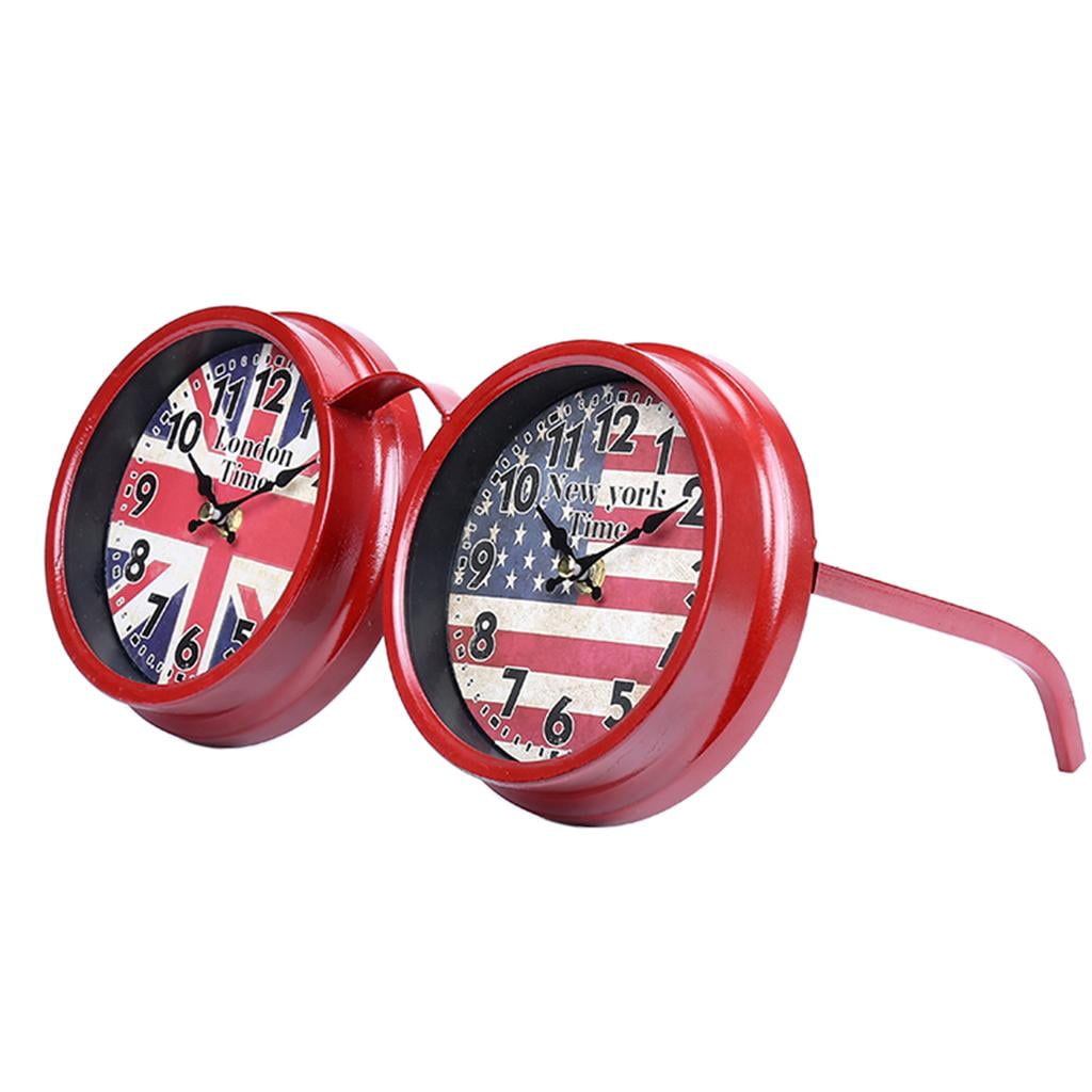 Retro Table Desktop 2 Dials Clock Decorative Glassses Design Mantel