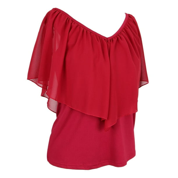 Camiseta Con Cuello Hombros Fríos Para Mujer Camiseta Entallada Con Hombros Descubiertos En Verano Con Gasa Rojo M BLESIY Camiseta de mujer con hombros descubiertos