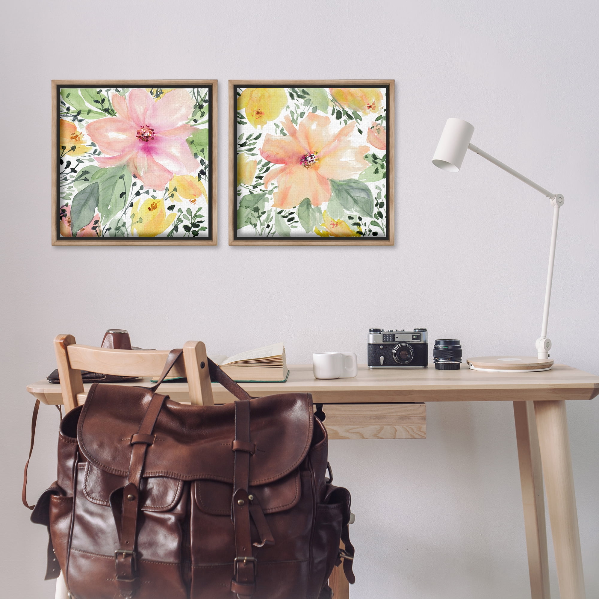 Stupell Industries Large Pink and Coral Bloom Plants & Flowers Painting Brown Floater Framed Canvas Art Print Wall Art, 18 x 18, Set of 2