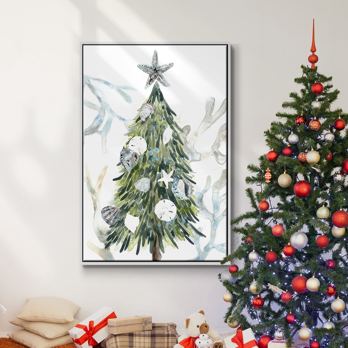 Coastal Christmas Shell Collection B - Framed Gallery Wrapped Holiday Canvas - 25 x 37 - White Frame