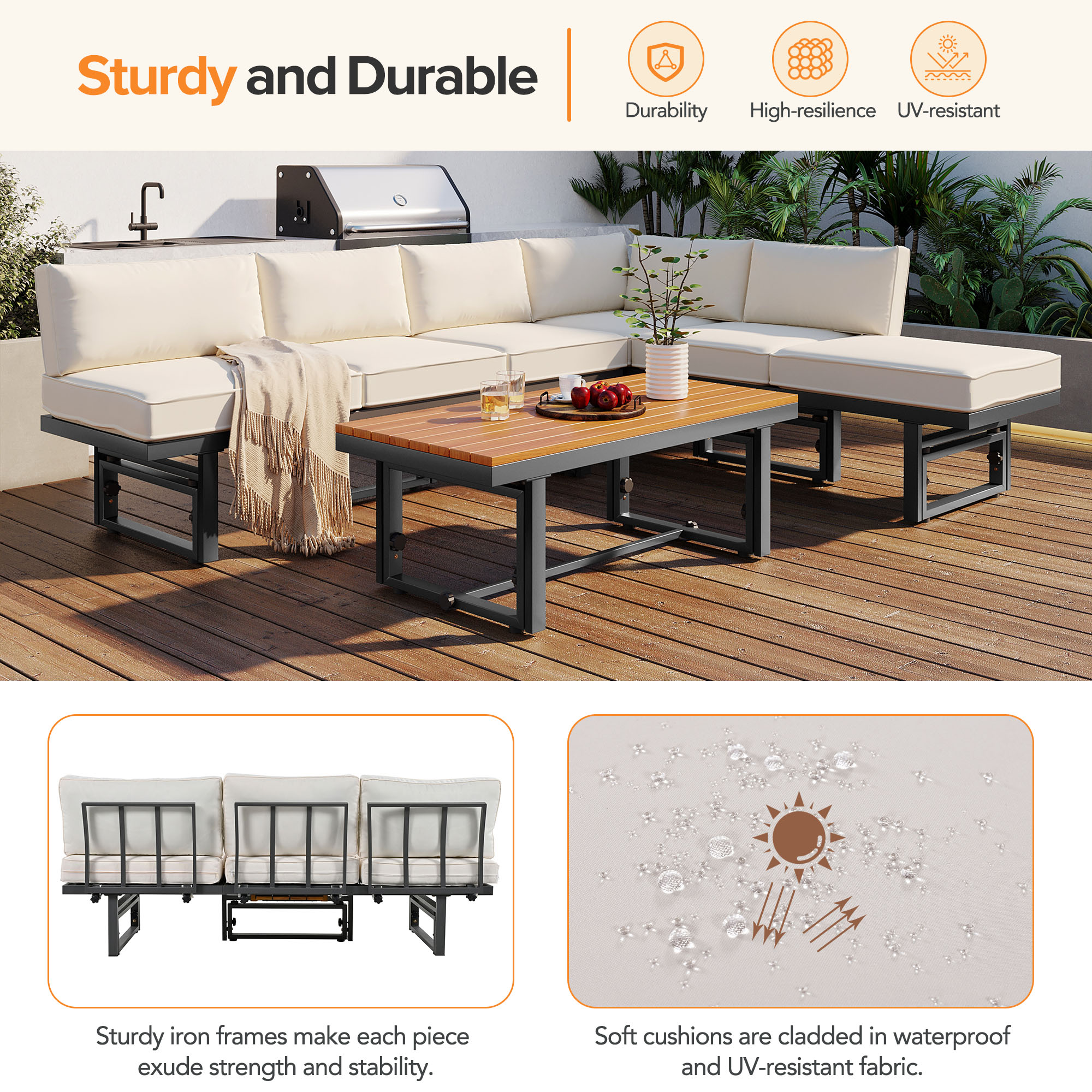 Harper & Bright Designs Metal Patio Conversation Furniture Set, 3 Pieces Modern Outdoor Sectional Sofa Set with Coffee Table and Height Adjustable Seating for Garden and Backyard, Beige
