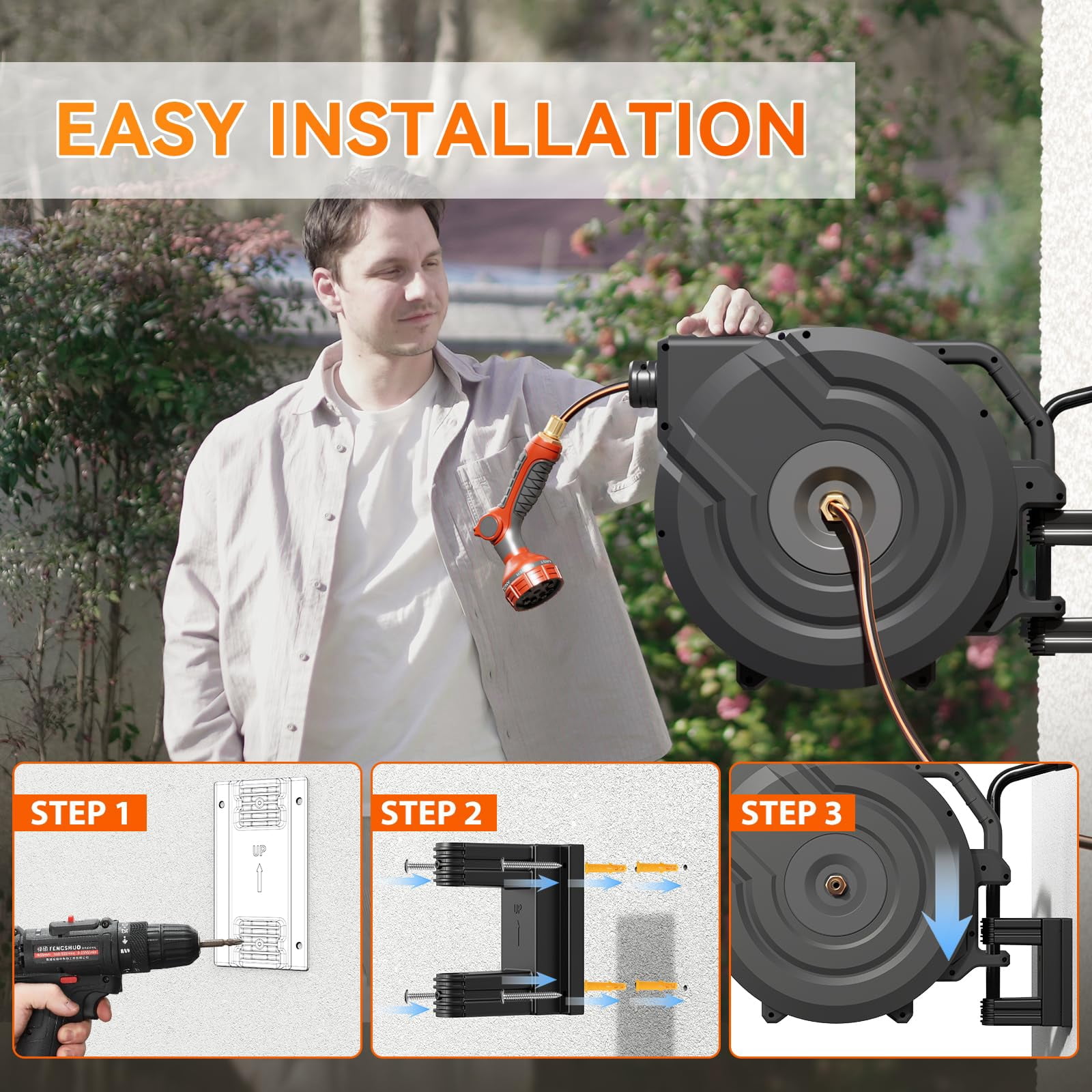 NEOTEC Retractable Garden Hose Reel 1/2 inch x 100ft - Wall Mounted Heavy Duty Hose Reel with 3/4 Inch Brass Fittings & 9-Pattern Nozzle - Auto Rewind System, Any Length Lock, 180° Swivel Bracket