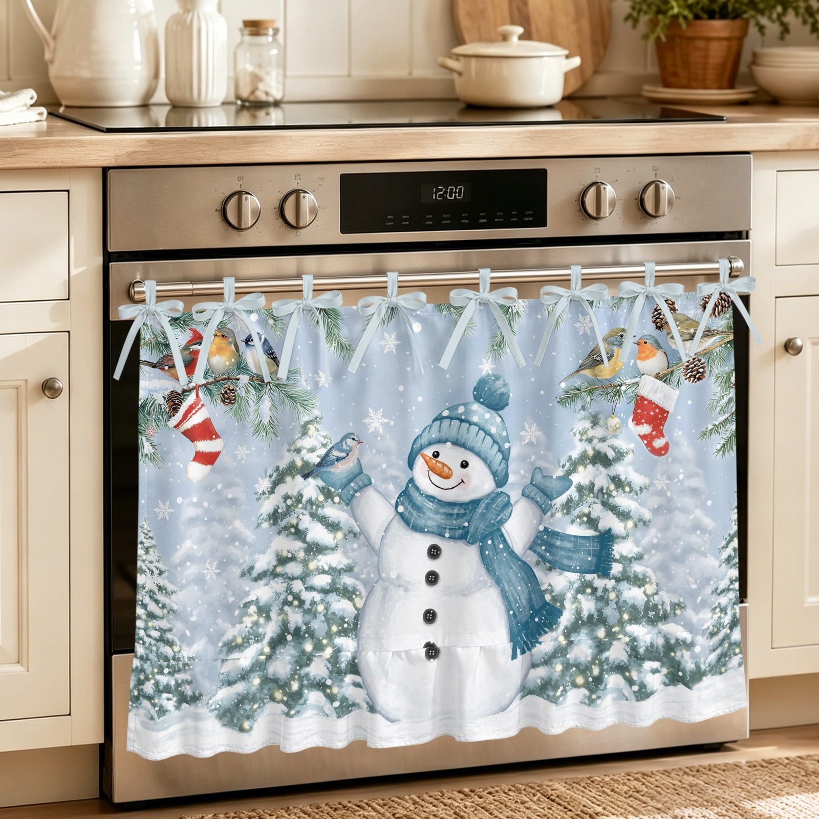 Oven Curtain for Kitchen Blue Snowman Christmas Tree Bird Stove Curtain With Ruffled Trim Dishwasher Curtains Winter Snow Scene Oven Skirt 27 x20