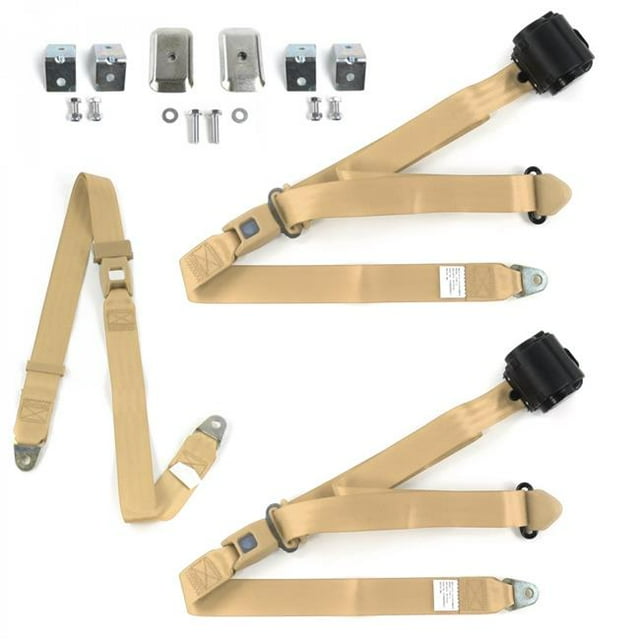 Triumph TR7, 8 1975-1982 Standard 3 Point Tan Retractable Bench Seat Belt Kit with Bracketry - 3 Belts