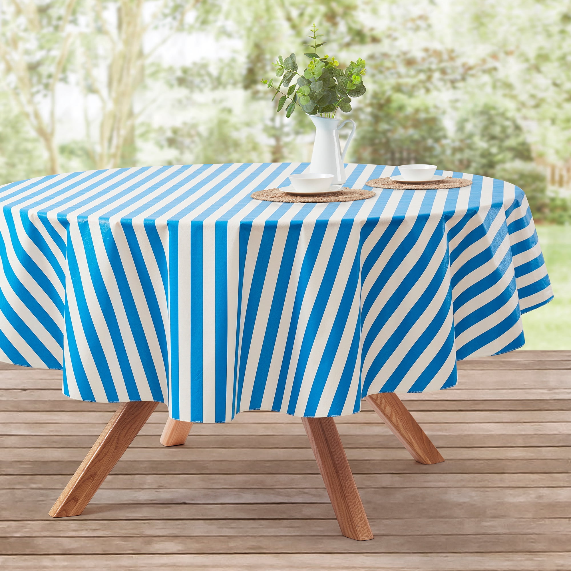 Mainstays Summer Fun Tablecloth, Indoor & Outdoor Table Decoration 70" Round - Blue Striped