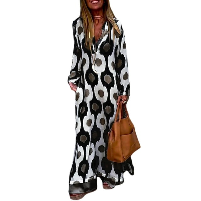 MAWCLOS Robes Maxi pour Femmes Robe d'Été Col en V Manches Longues Décontractée Vacances Imprimé Cœur Noir m