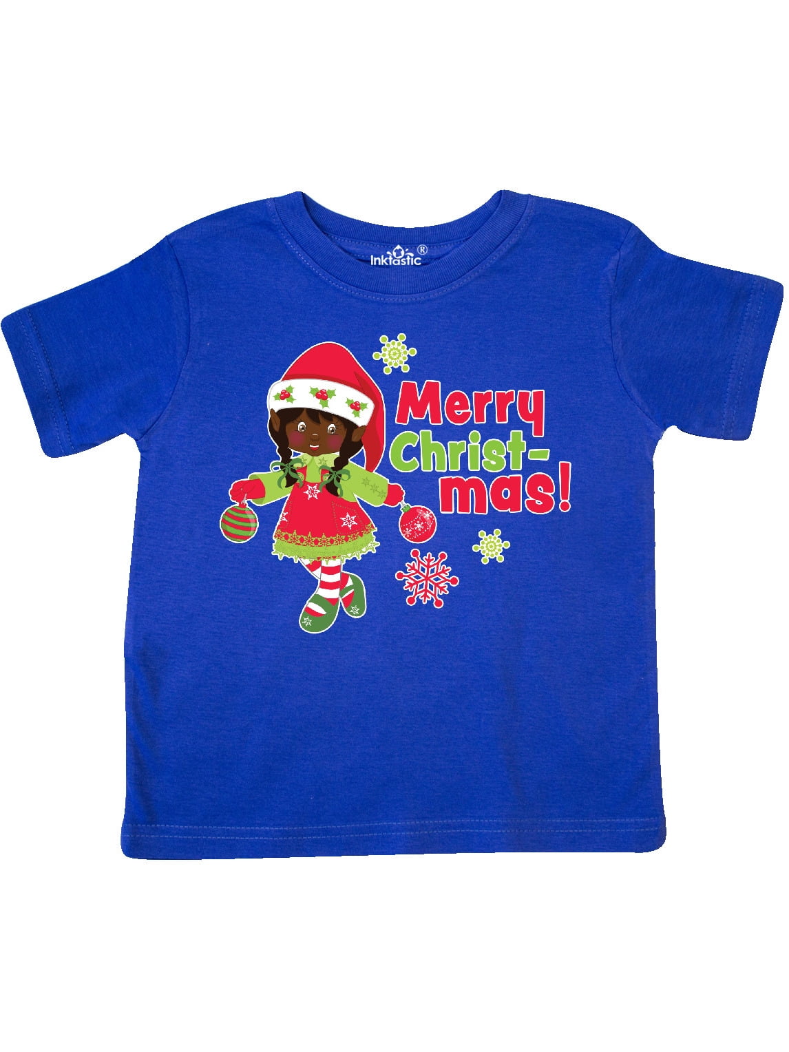 inktastic Merry Christmas Elf with Black Hair and Snowflakes Toddler T-Shirt