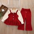 thumbnail image 4 of JIAYUE Girls Clothing Set Puff Sleeve Knit Ruffle Button Strap Dress Flared Knit Pants 2 Piece Outfit For Autumn Back To School,5-6 Years, 4 of 4