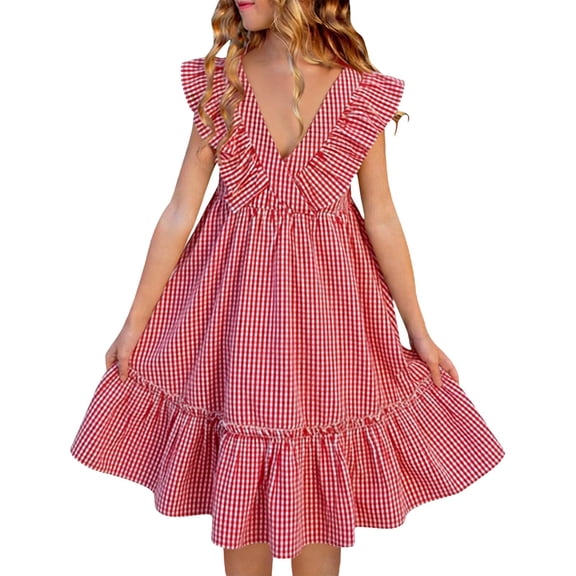 OGLCCG Girls Gingham Dress Summer Ruffle Sleeve Plaid Babydoll Dress Casual V Neck Flowy Swing Beach Sundress 3-13 Years