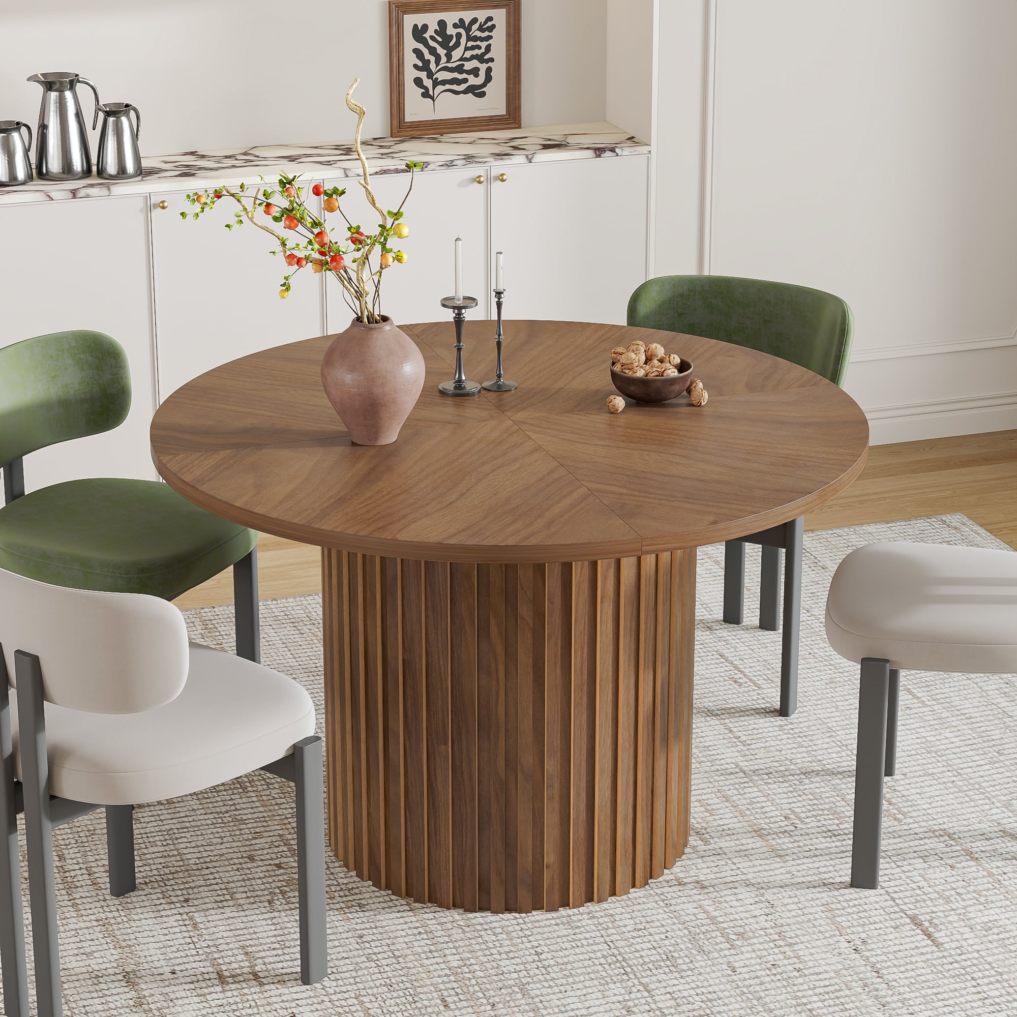 Modern Round Dining Table, 47 Inch Small Circle Kitchen Tables for 4-6, Wood Strip Base, Farmhouse Table for Kitchen, Dinning Room, Walnut