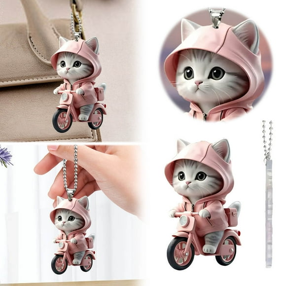 Stylish Cat on Scooter Acrylic Car Rearview Hanging Ornament and Keychain Charm for Auto Interior