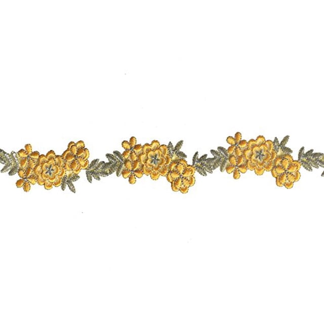 1.75" Embroidered Floral Yellow with Silver Metallic by Yard
