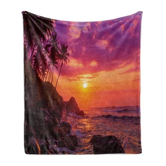 Sunset Soft Flannel Fleece Throw Blanket, Tropical Beach Gradient Coconut Palm Trees Illustration, Cozy Plush for Indoor and Outdoor Use, 50" x 70", Dark Magenta Burnt Sienna, by Ambesonne