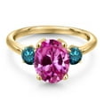 thumbnail image 3 of Gem Stone King 3.79 Ct Oval Pink Created Sapphire Blue Diamond 18K Yellow Gold Plated Silver Ring, 3 of 6