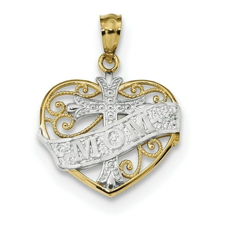 14k yellow gold w rhodium mom cross inside filigree heart pendant