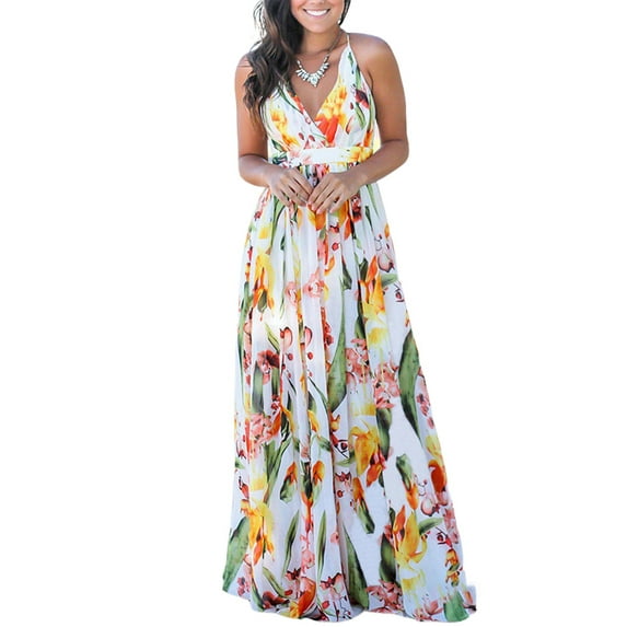 YAGHYAGH Womens Summer Beach Sundress Cocktail Party Strappy V Neck Floral Long Dress