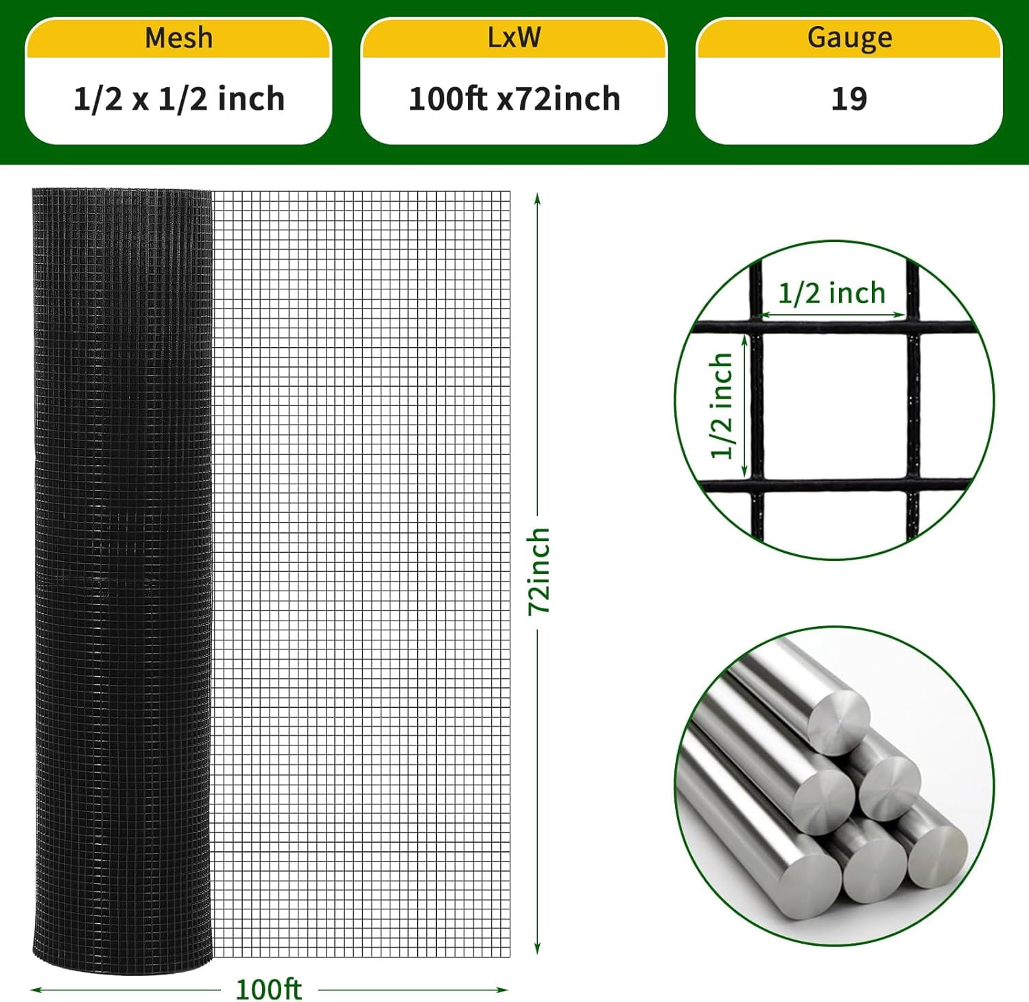 Historyli Hardware Cloth Chicken Wire Fence, Galvanized Steel Mesh Rolled Fencing for Garden, Black