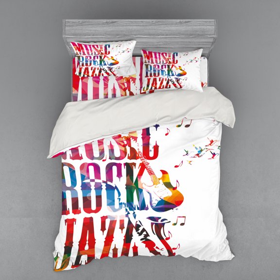 Musical Duvet Cover Set, Music Rock Jazz Lettering with Bass Guitar Saxophone Notes Harmony Illustration, Bedding Set with Shams and Fitted Sheet, 3 Sizes, by Ambesonne