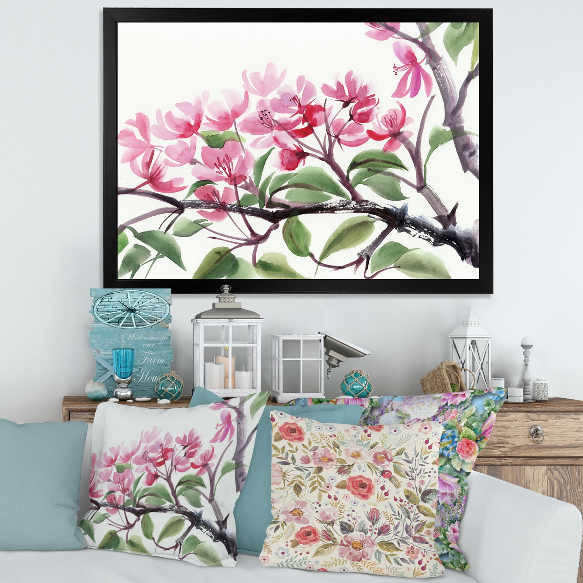 Designart 'Pink Blossoming Floral Tree' Traditional Framed Art Print